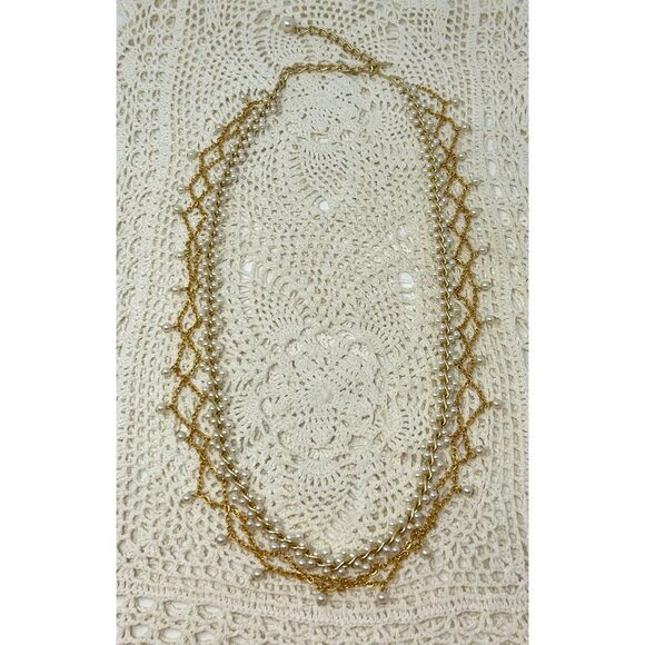 Vintage-Inspired Multi-Strand Gold & Pearl Necklace 38" Total Length - Picture 10 of 12